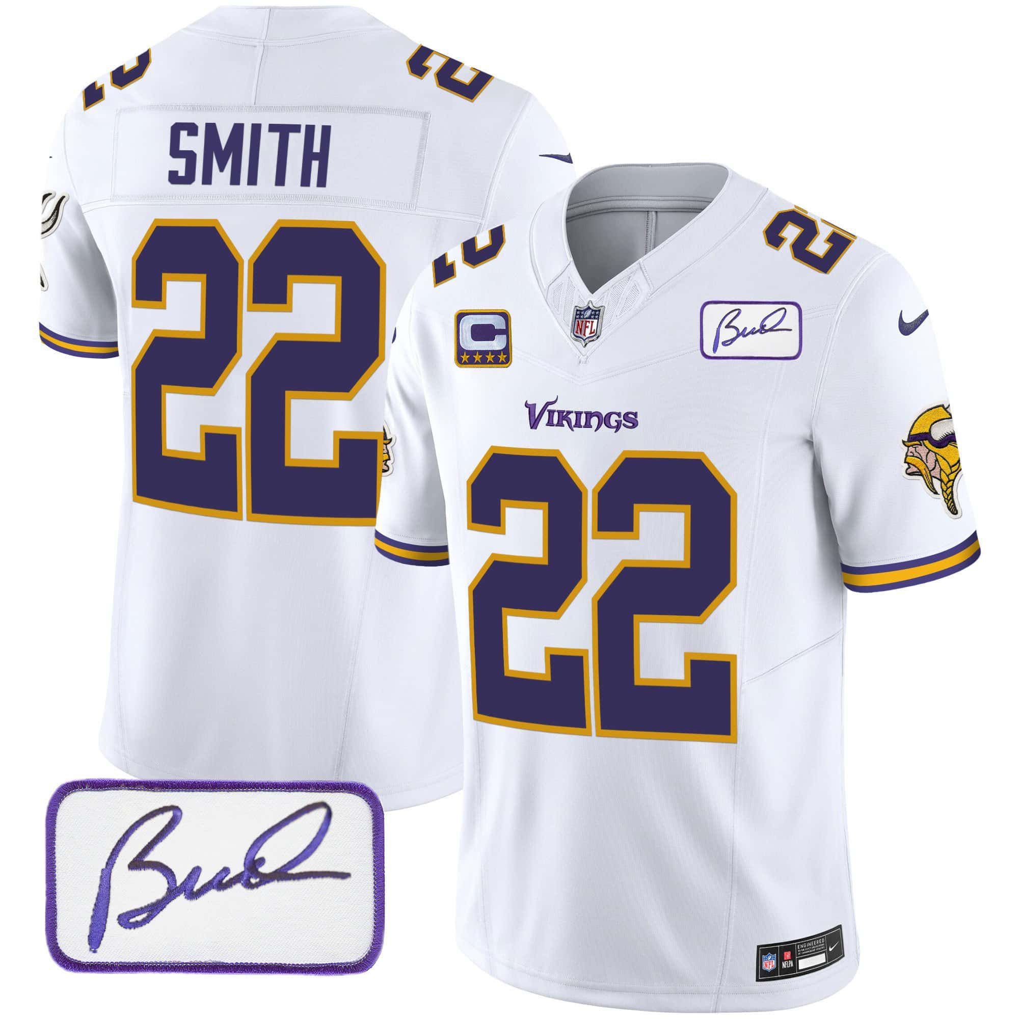Men Minnesota Vikings #22 Smith White 2024 Nike Bud Grant Patch Classic Limited NFL Jersey style 2